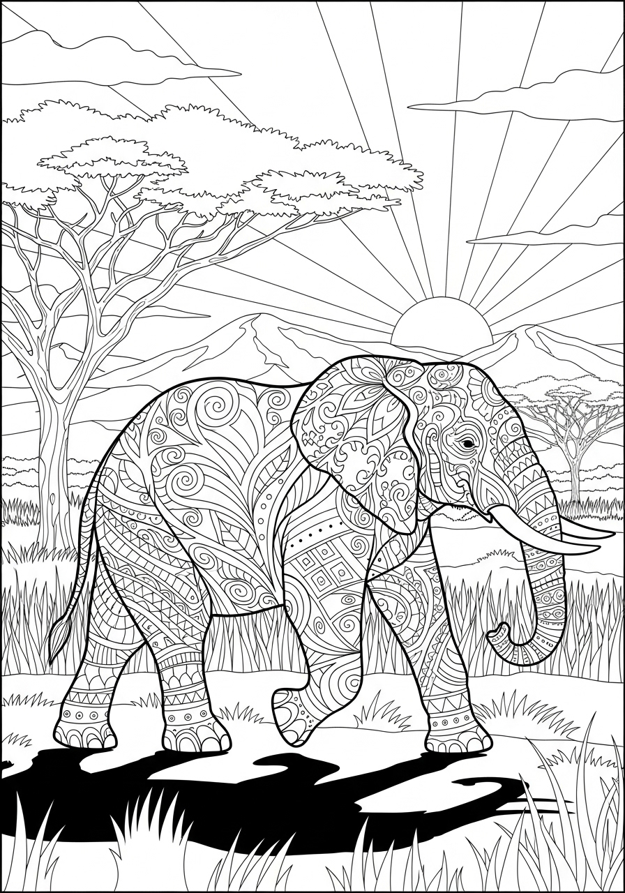 Desenho de Elefante com padrões intrincados para colorir