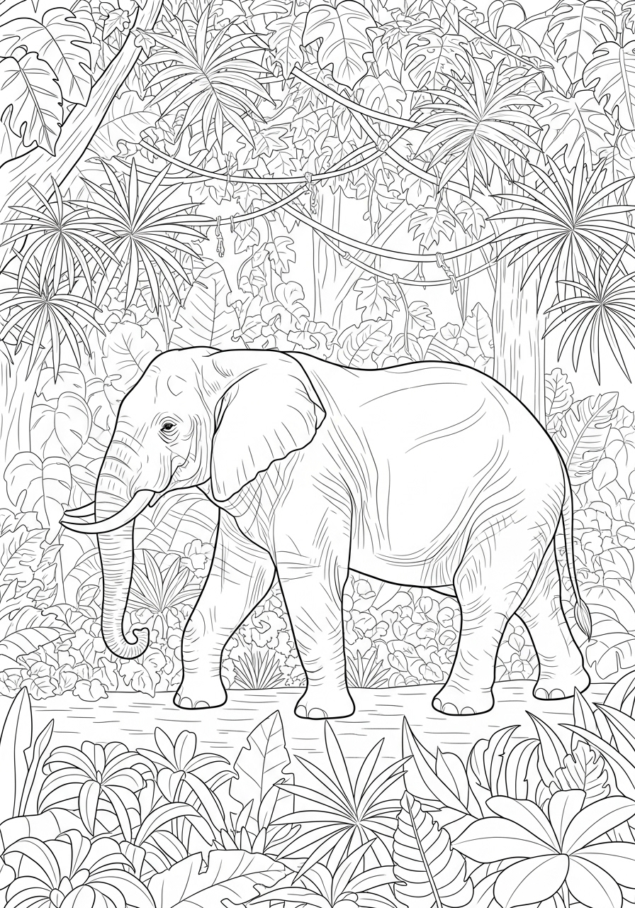 Desenho de Elefante na floresta tropical para colorir