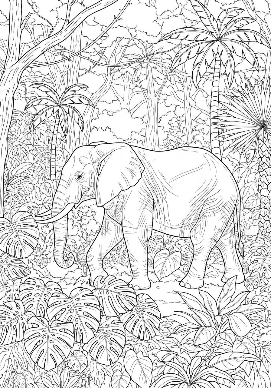 Desenho de Elefante na selva tropical para colorir