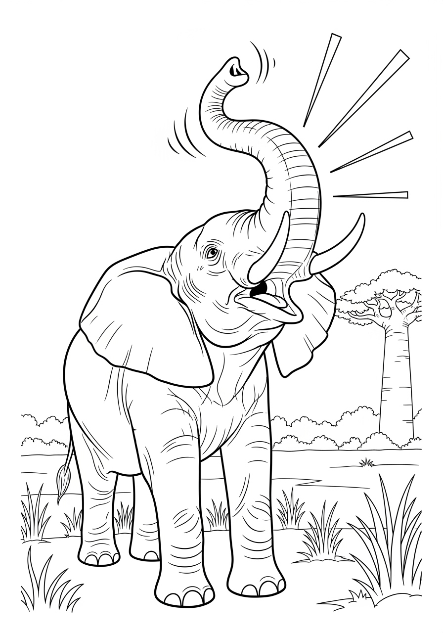 Desenho de Elefante com tromba levantada para colorir