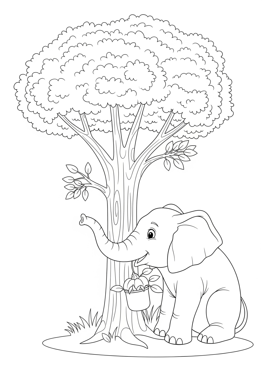 Desenho de Elefante segurando balde de maçãs para colorir