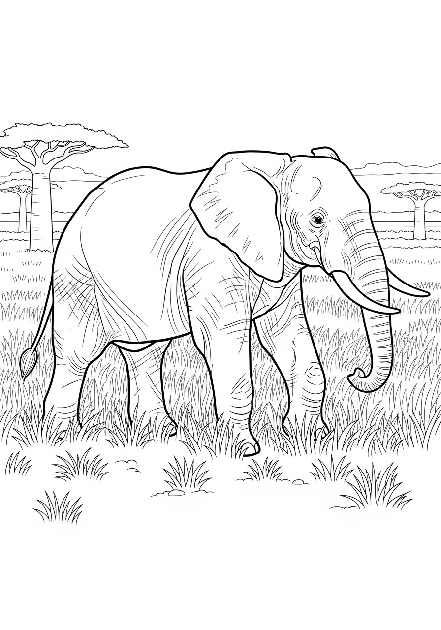 Desenho de Elefante adulto na savana para colorir