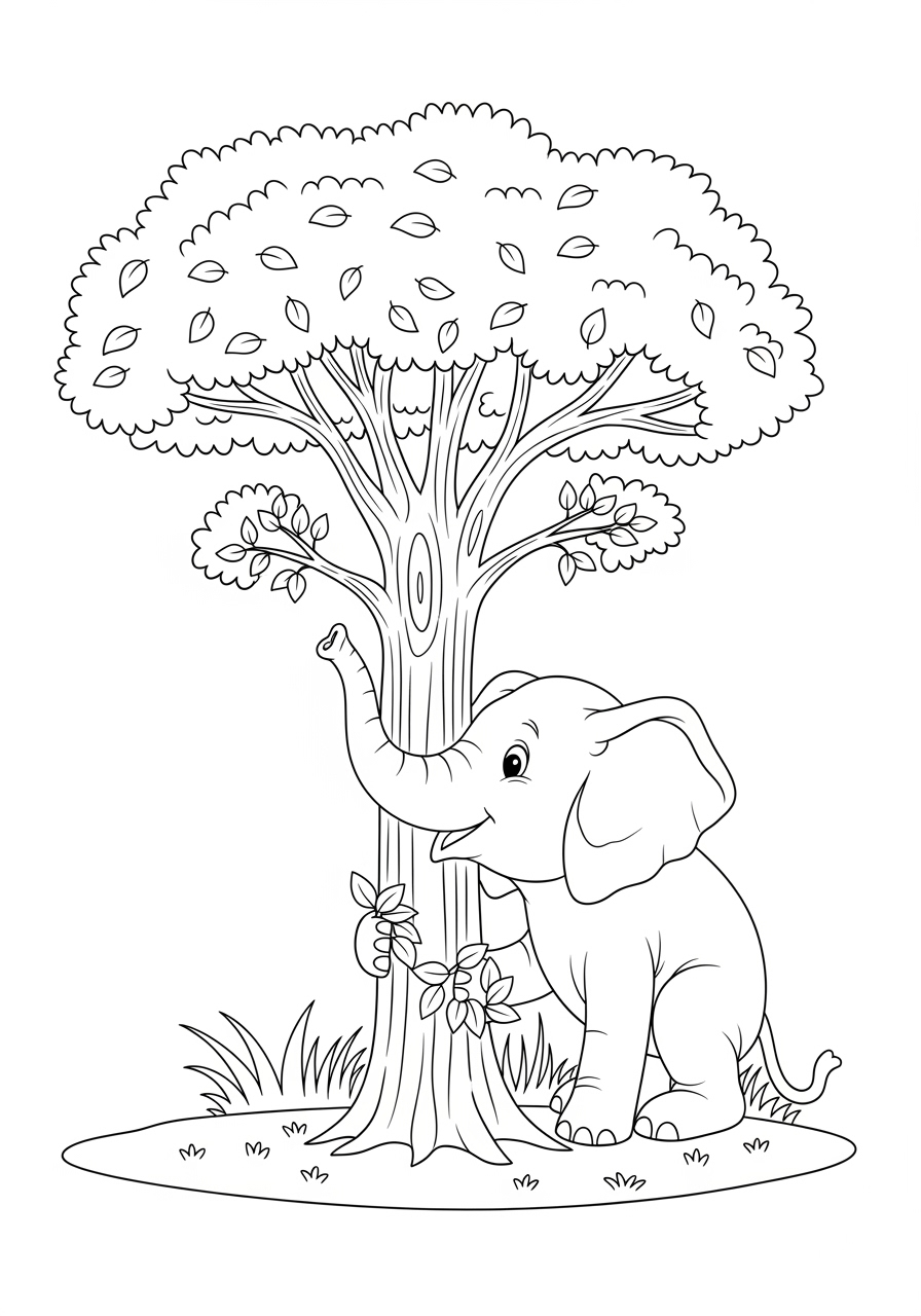 Desenho de Elefante junto a uma árvore para colorir