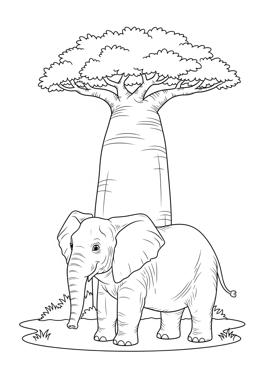 Desenho de Elefante com árvore para colorir