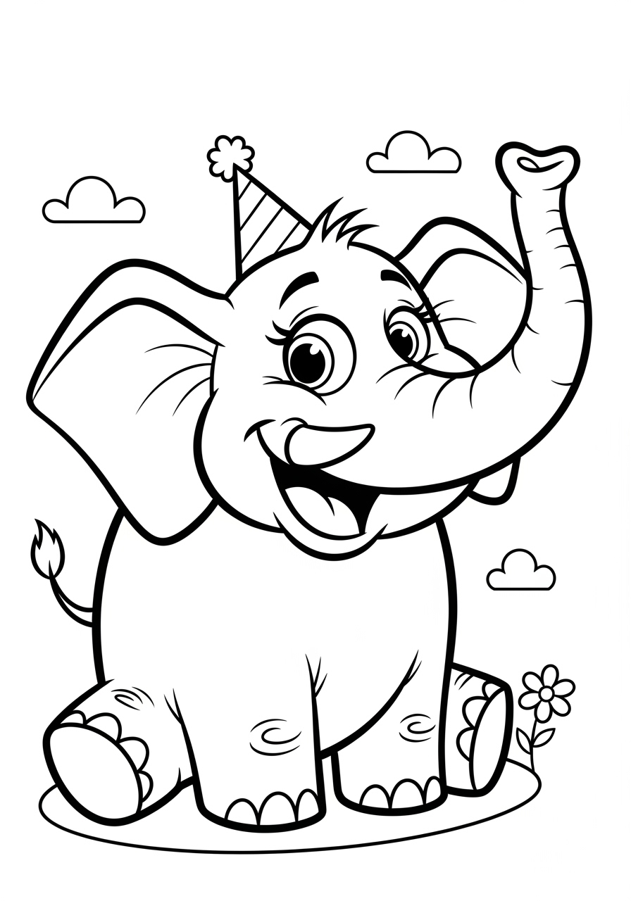 Desenho de Elefante feliz com chapéu para colorir