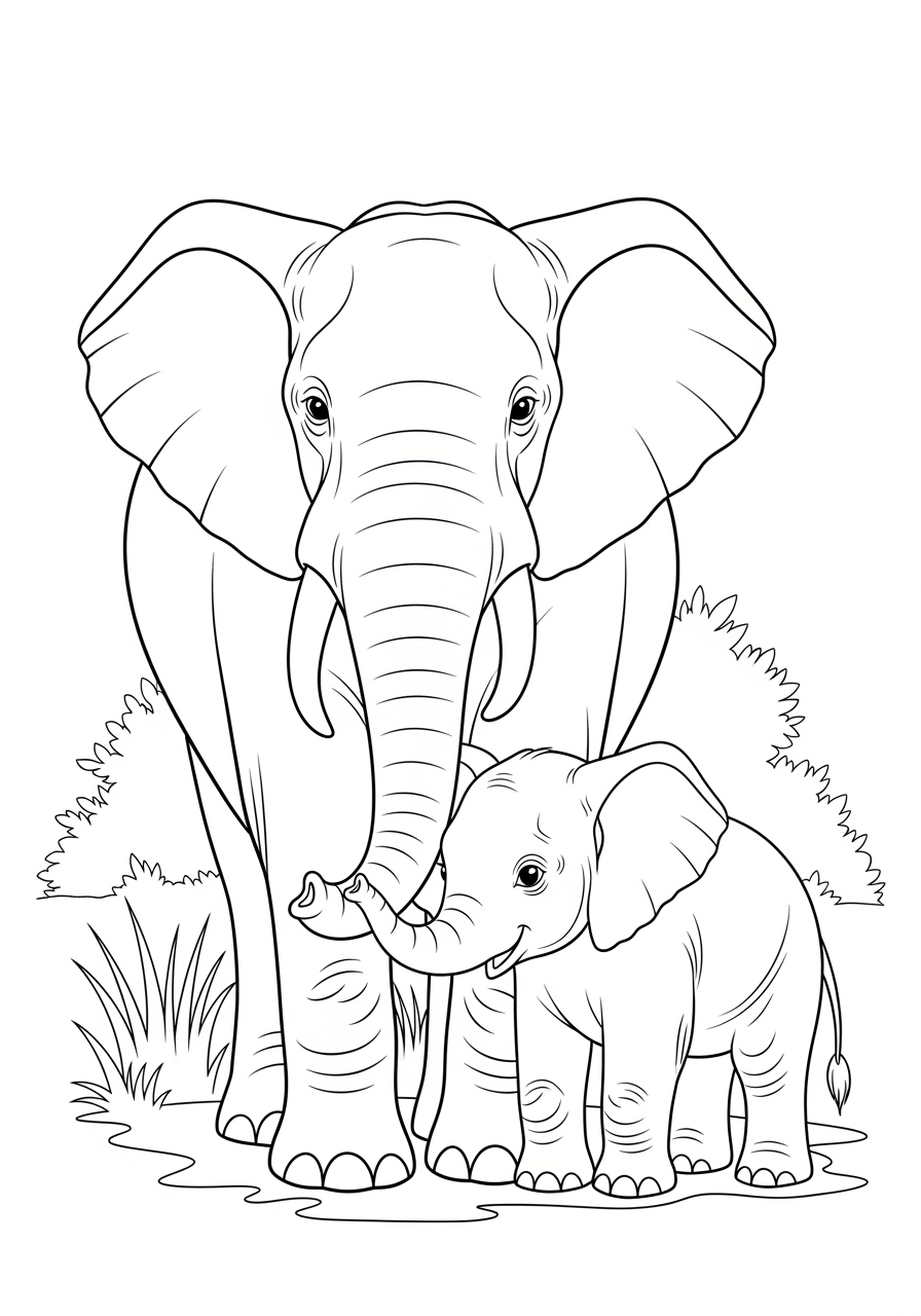 Desenho de Elefante e filhote lado a lado para colorir