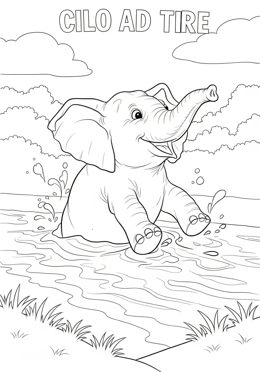 Desenho de Elefante brincando na água para colorir
