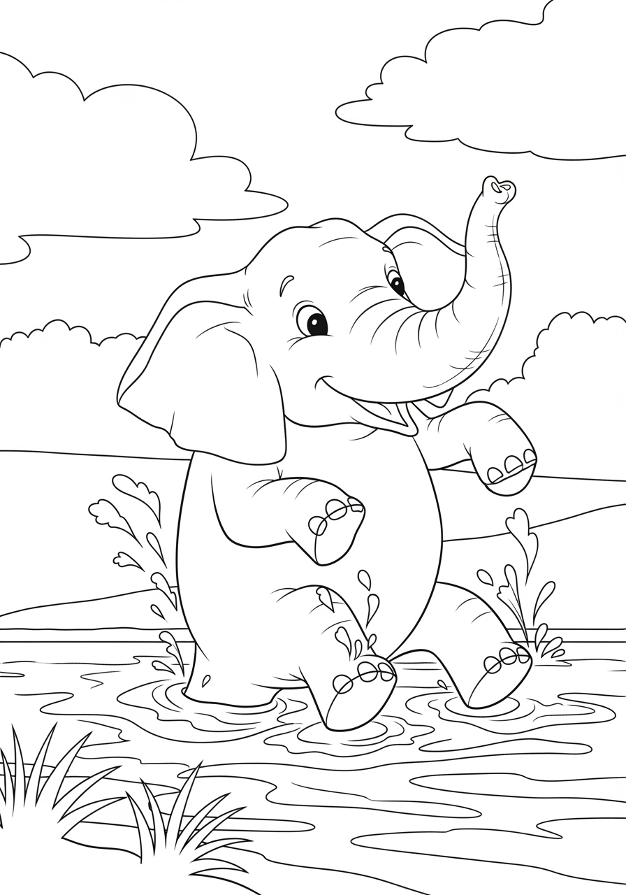 Desenho de Elefante brincando na água para colorir