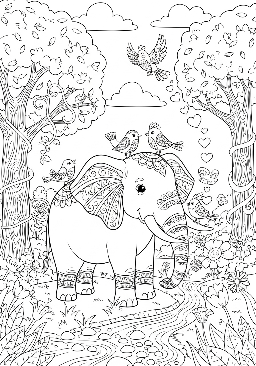 Desenho de Elefante decorado com pássaros para colorir