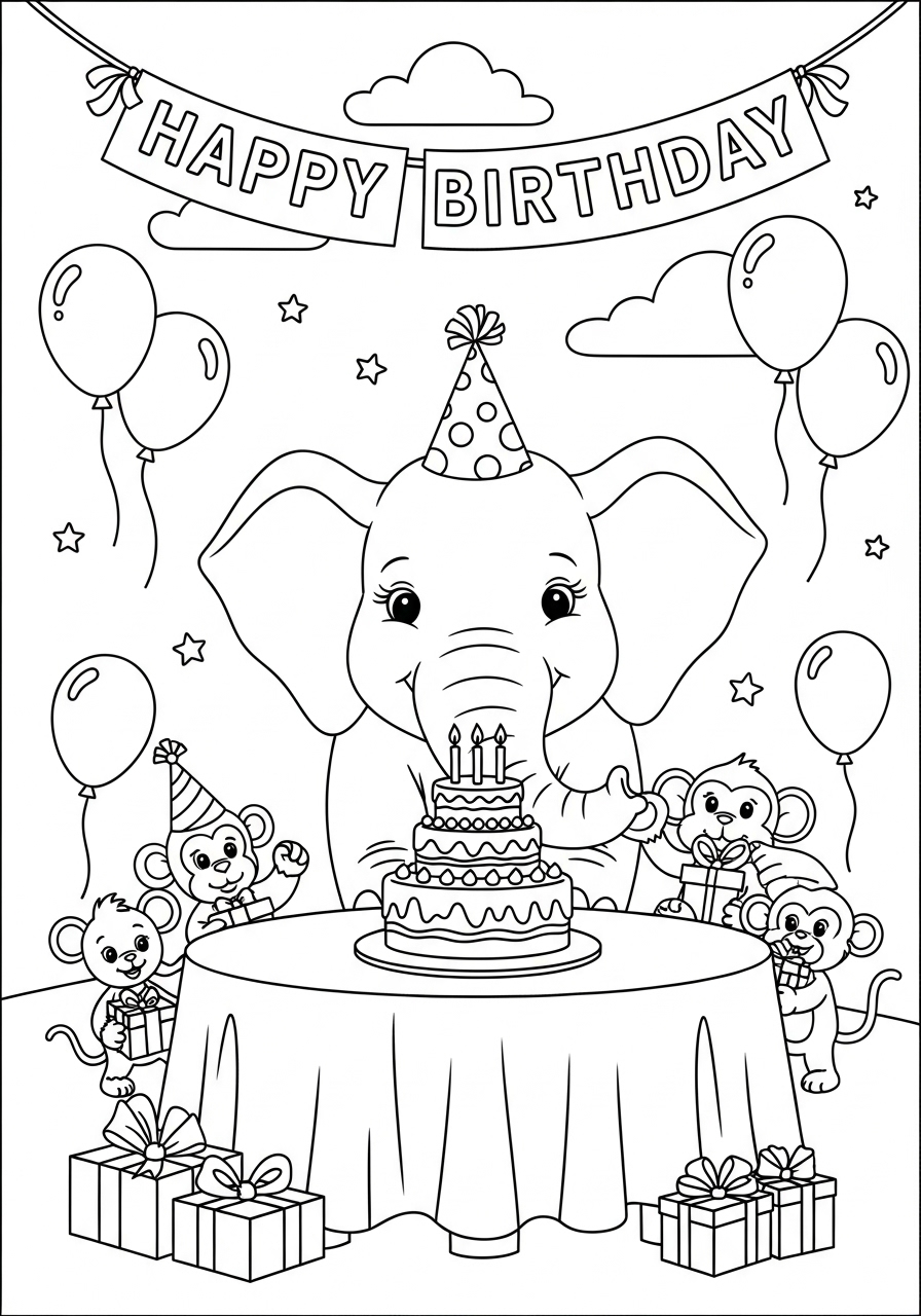 Desenho de Elefante aniversário com bolo para colorir
