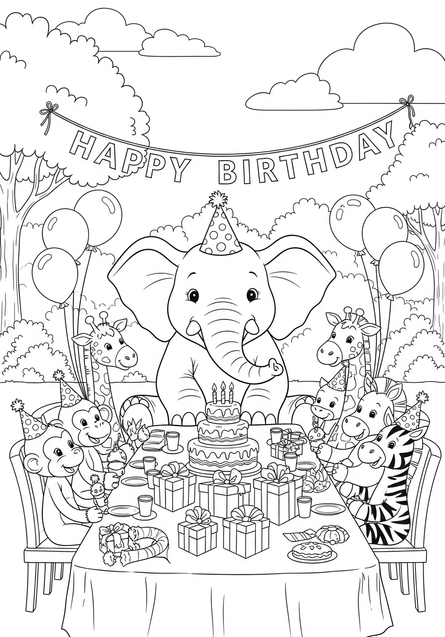 Desenho de Elefante em festa de aniversário para colorir