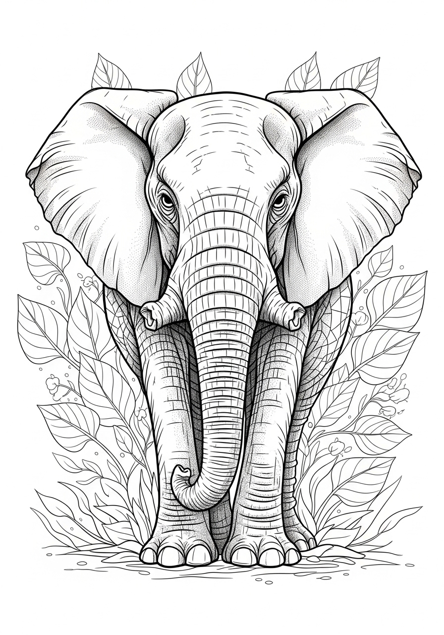 Desenho de Elefante com folhas ao fundo para colorir