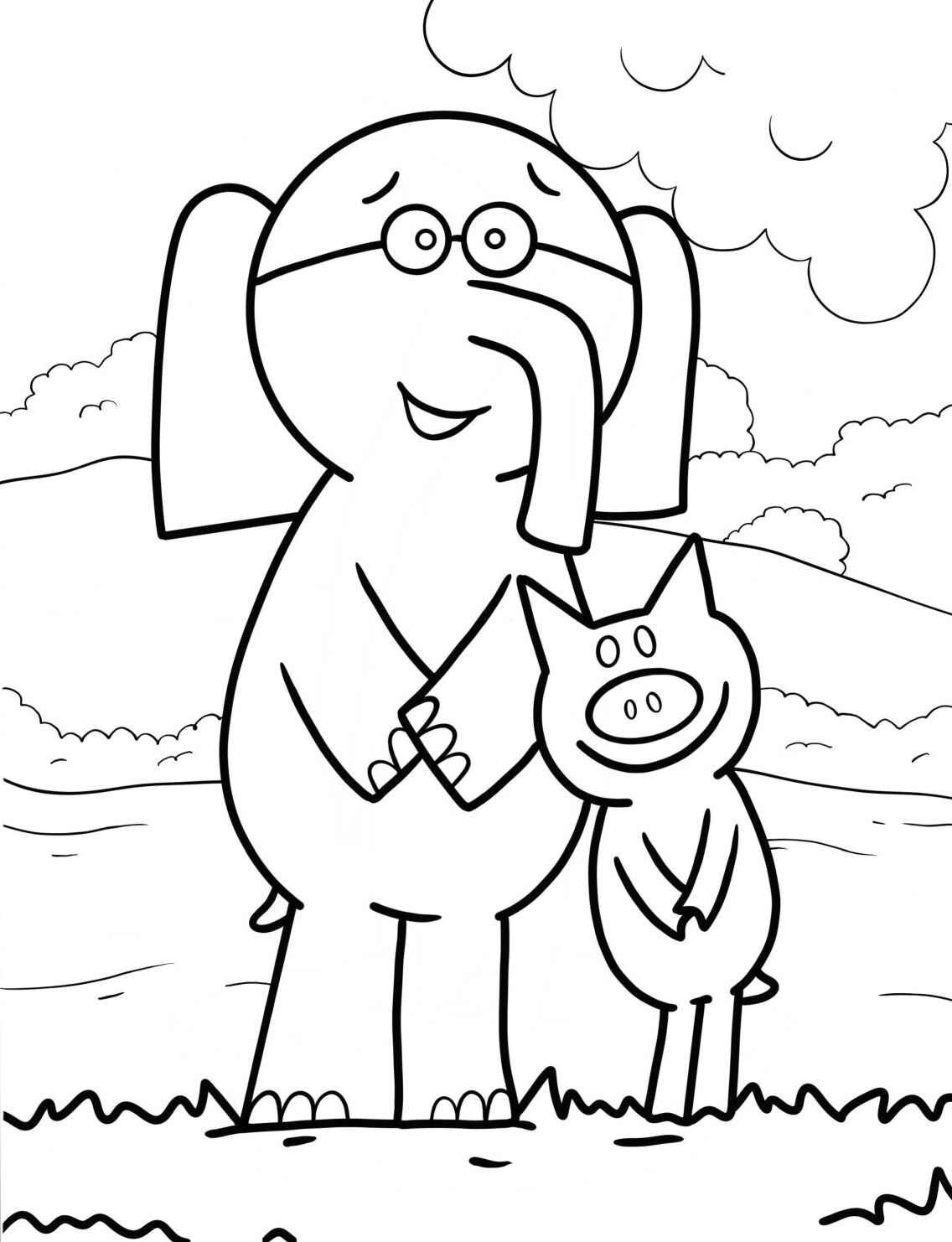 Desenho de Elefante e Porco simpáticos para colorir