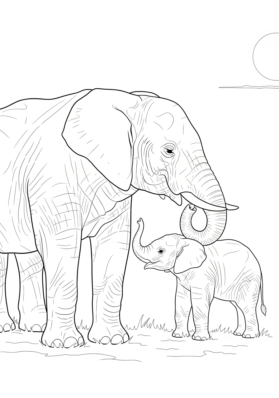 Desenho de Elefante mãe e filhote para colorir