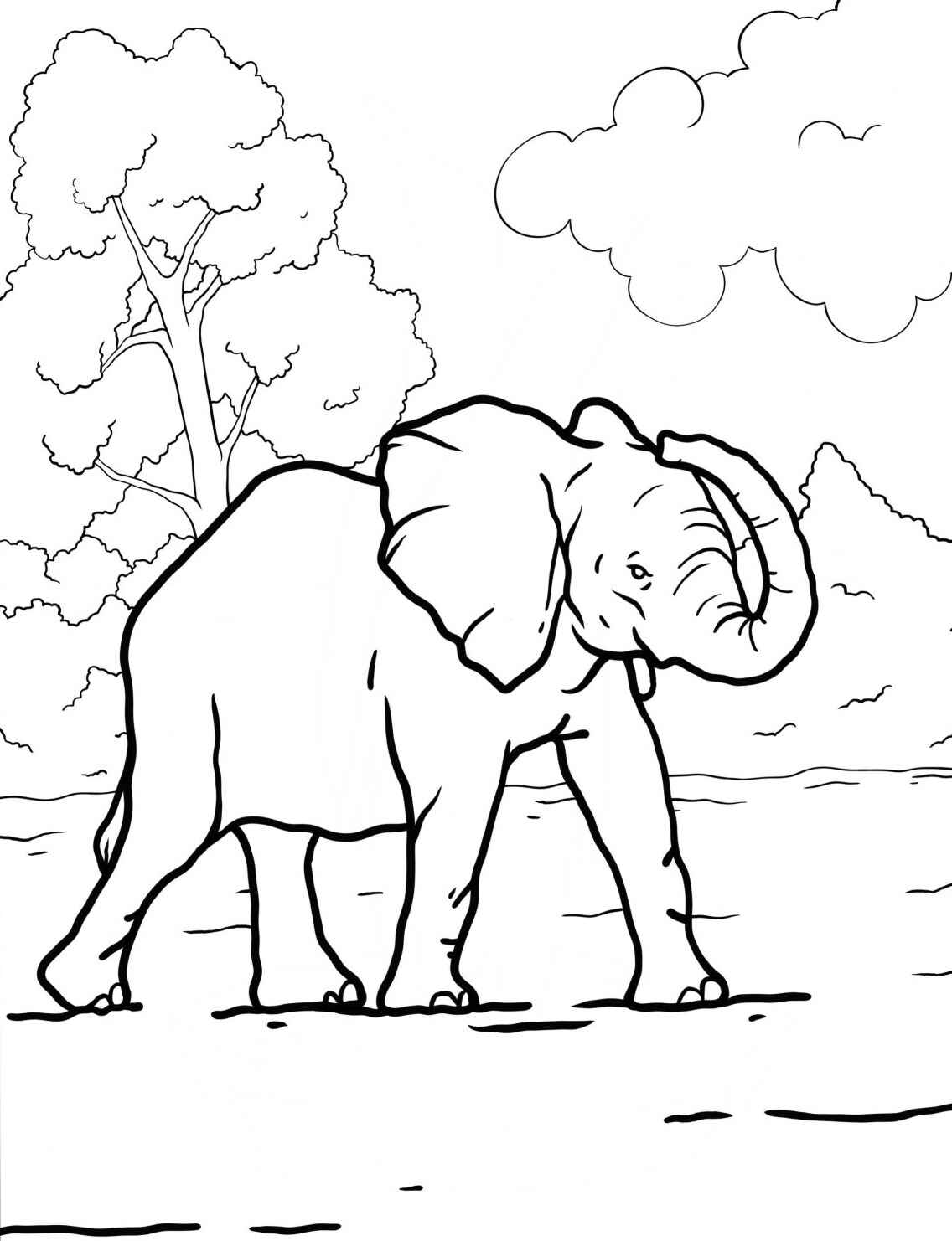 Desenho de Elefante caminhando na savana para colorir