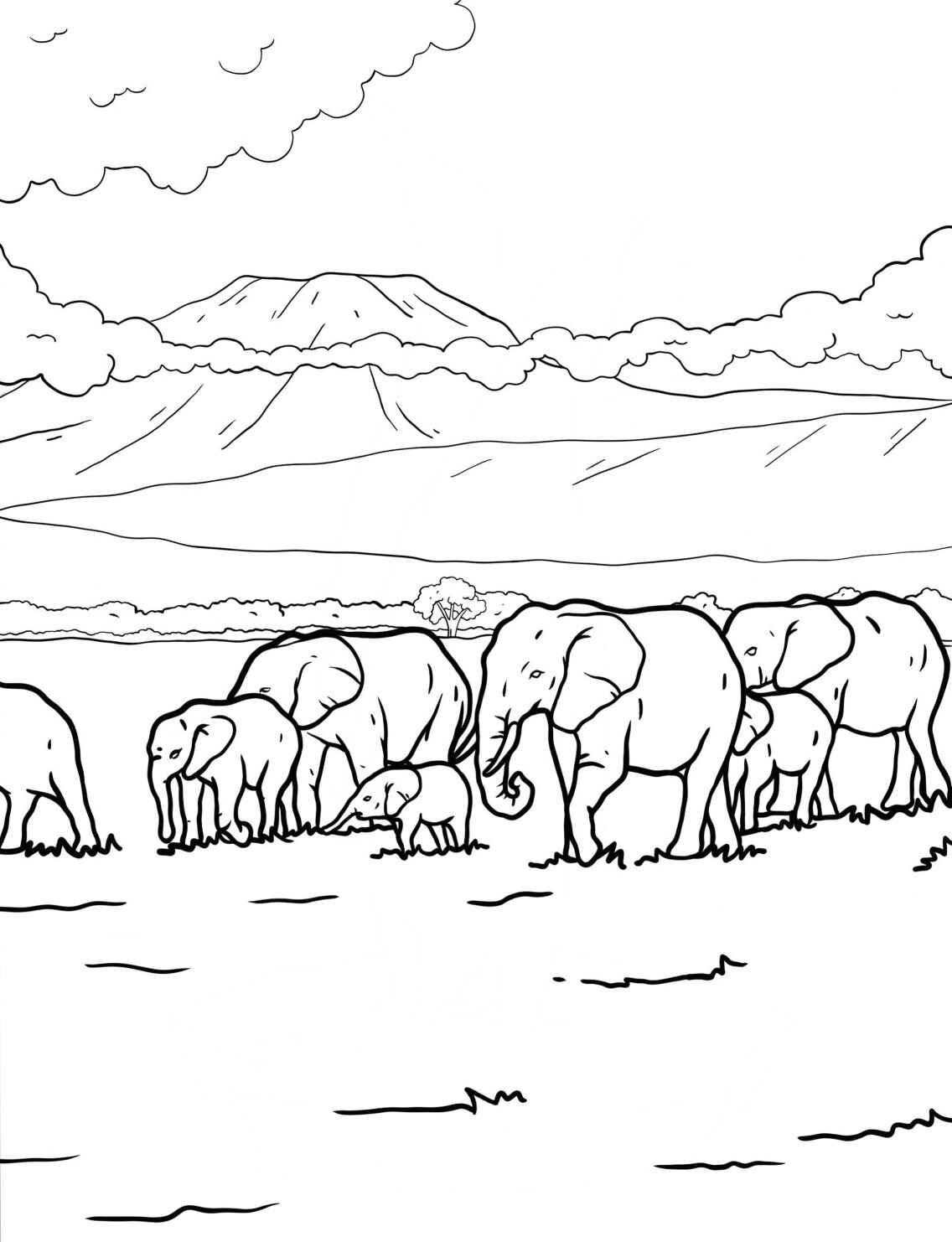 Desenho de elefantes na savana para colorir