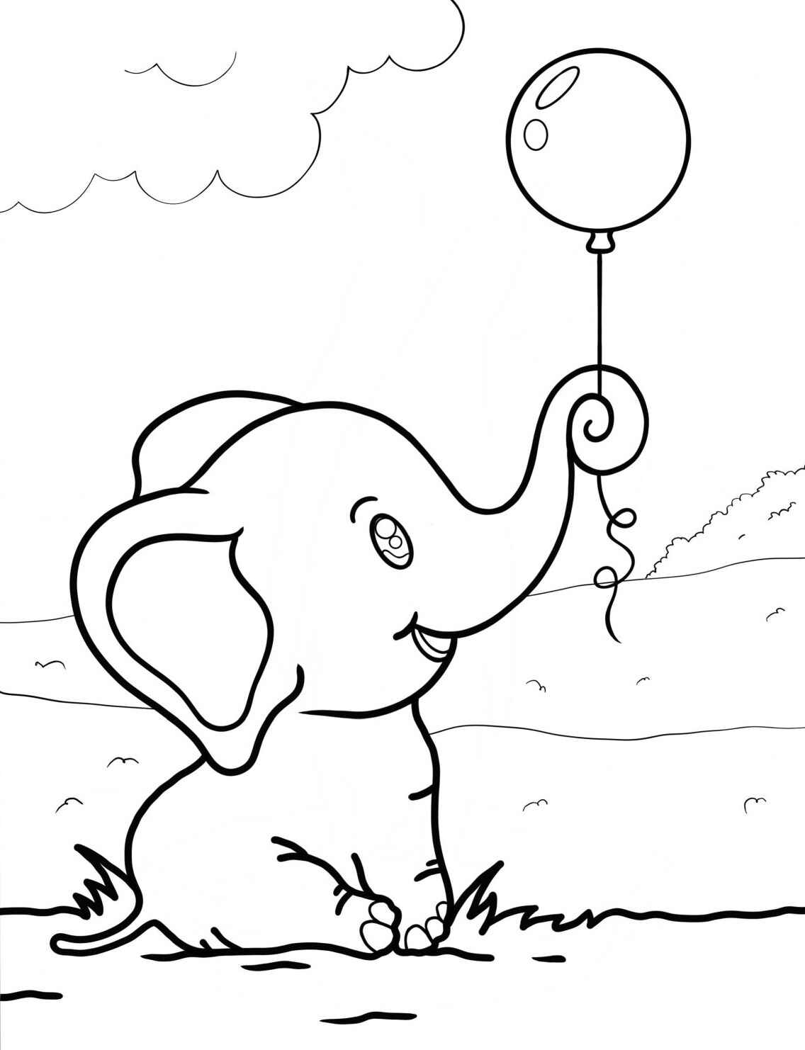 Desenho de Elefante bebê segurando balão para colorir
