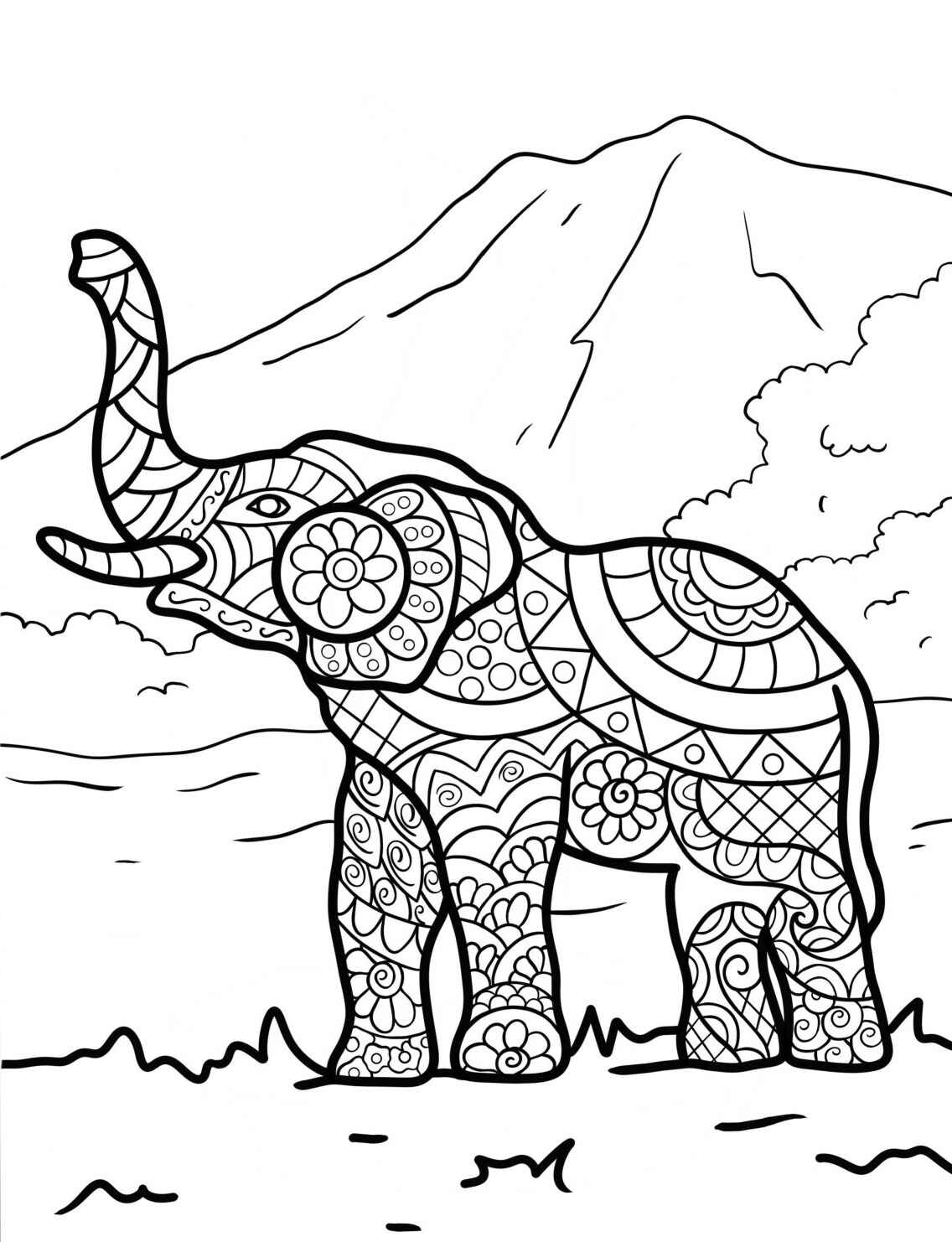 Desenho de Elefante com padrão floral para colorir