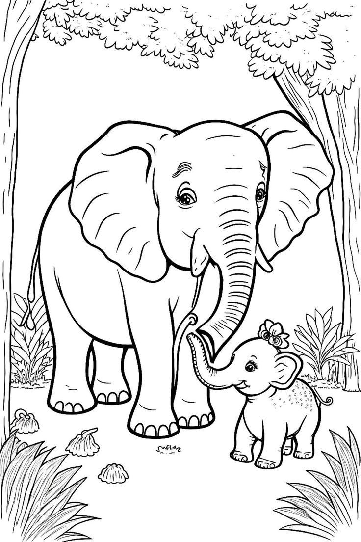 Desenho de Elefante com Filhote em Floresta para Colorir