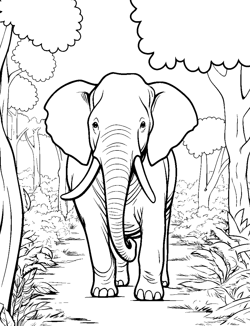 Desenho de Elefante caminhando na floresta para colorir