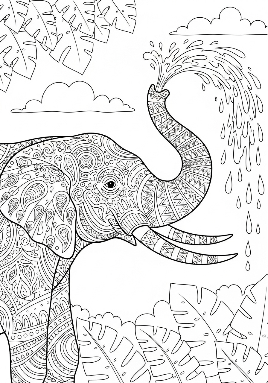 Desenho de Elefante com tromba borrifando água para colorir