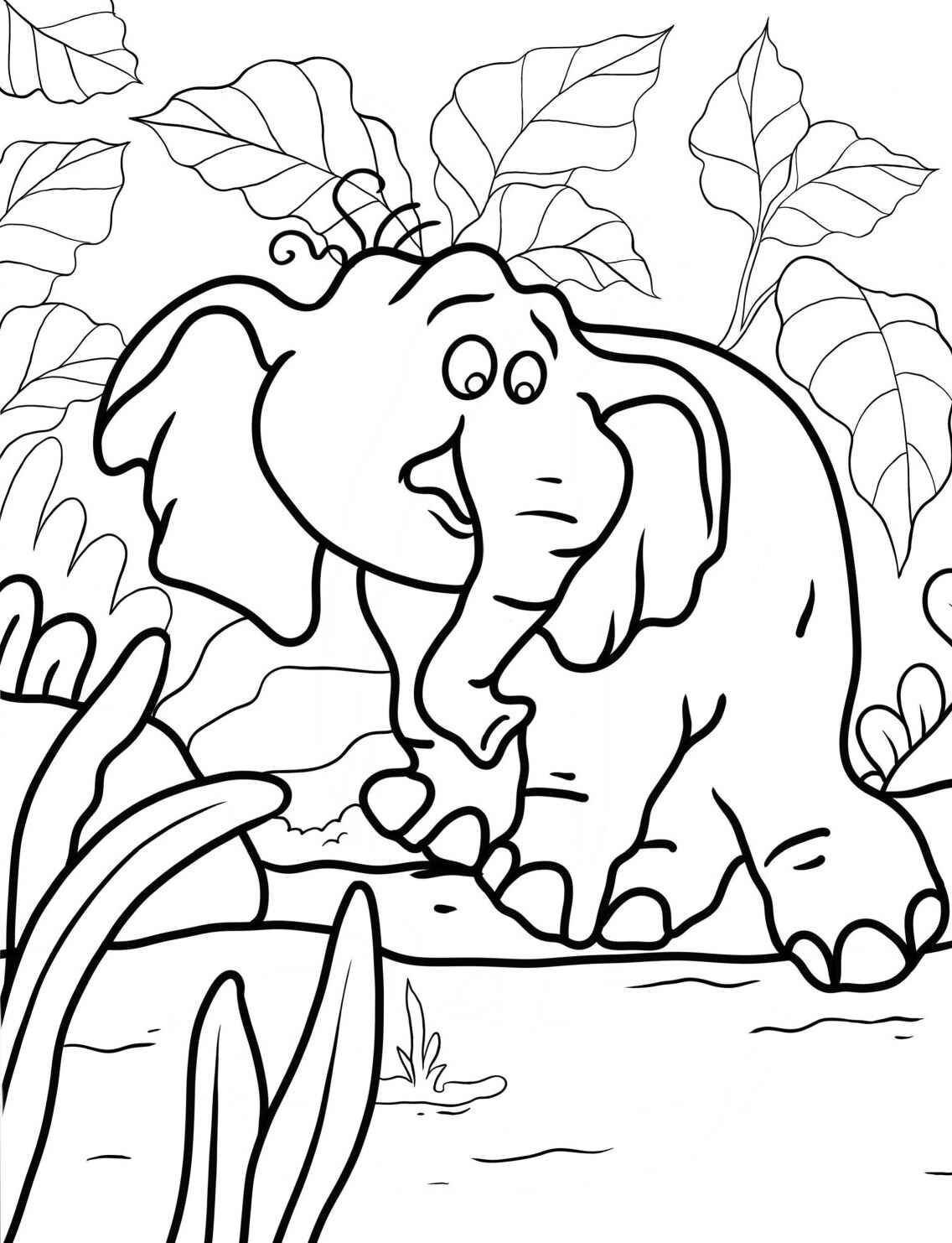 Desenho de Elefante feliz na floresta para colorir