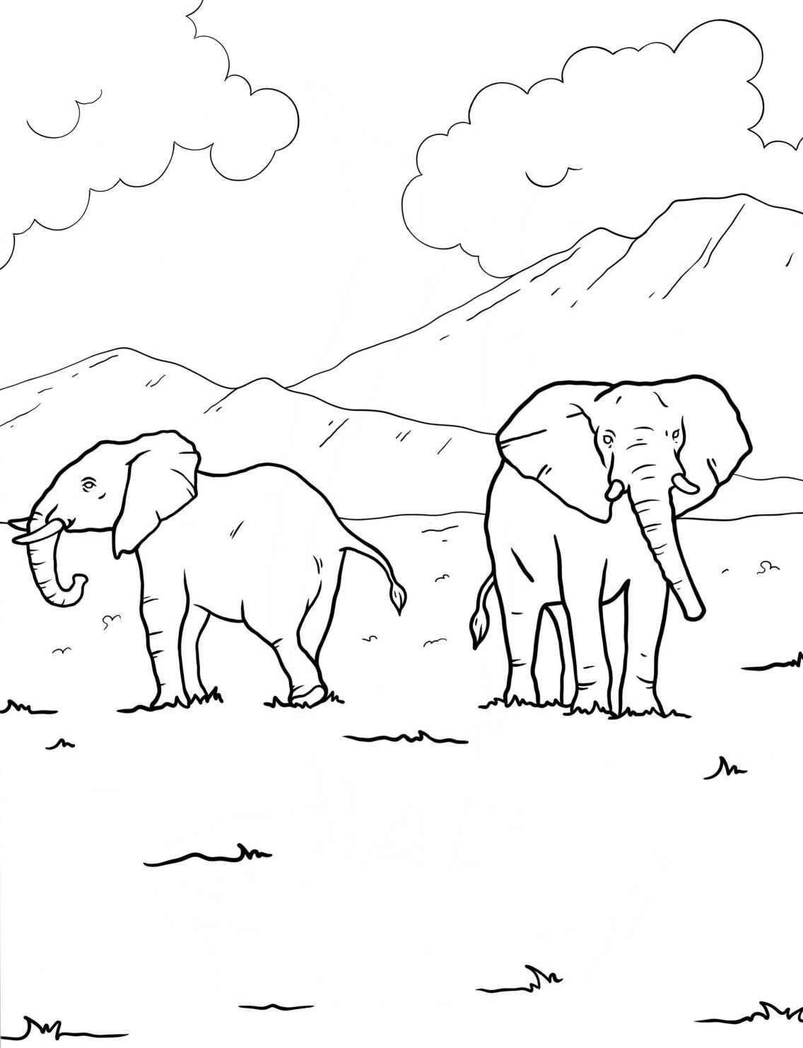 Desenho de Dois Elefantes em Paisagem Natural para Colorir