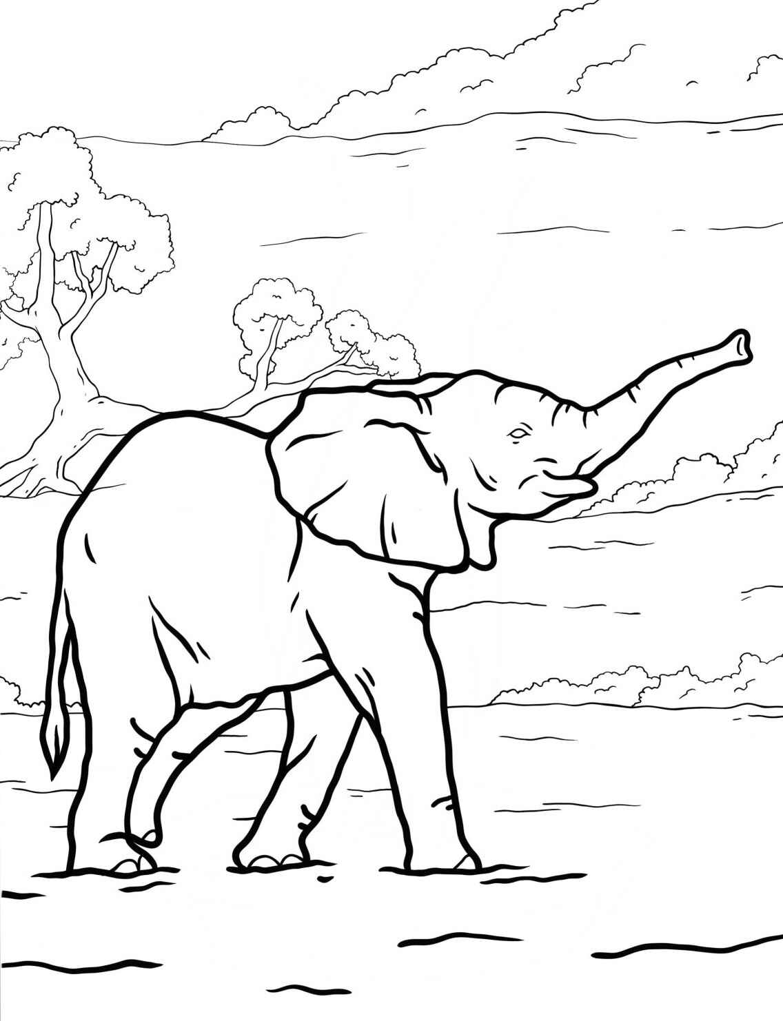 Desenho de Elefante andando em paisagem para colorir