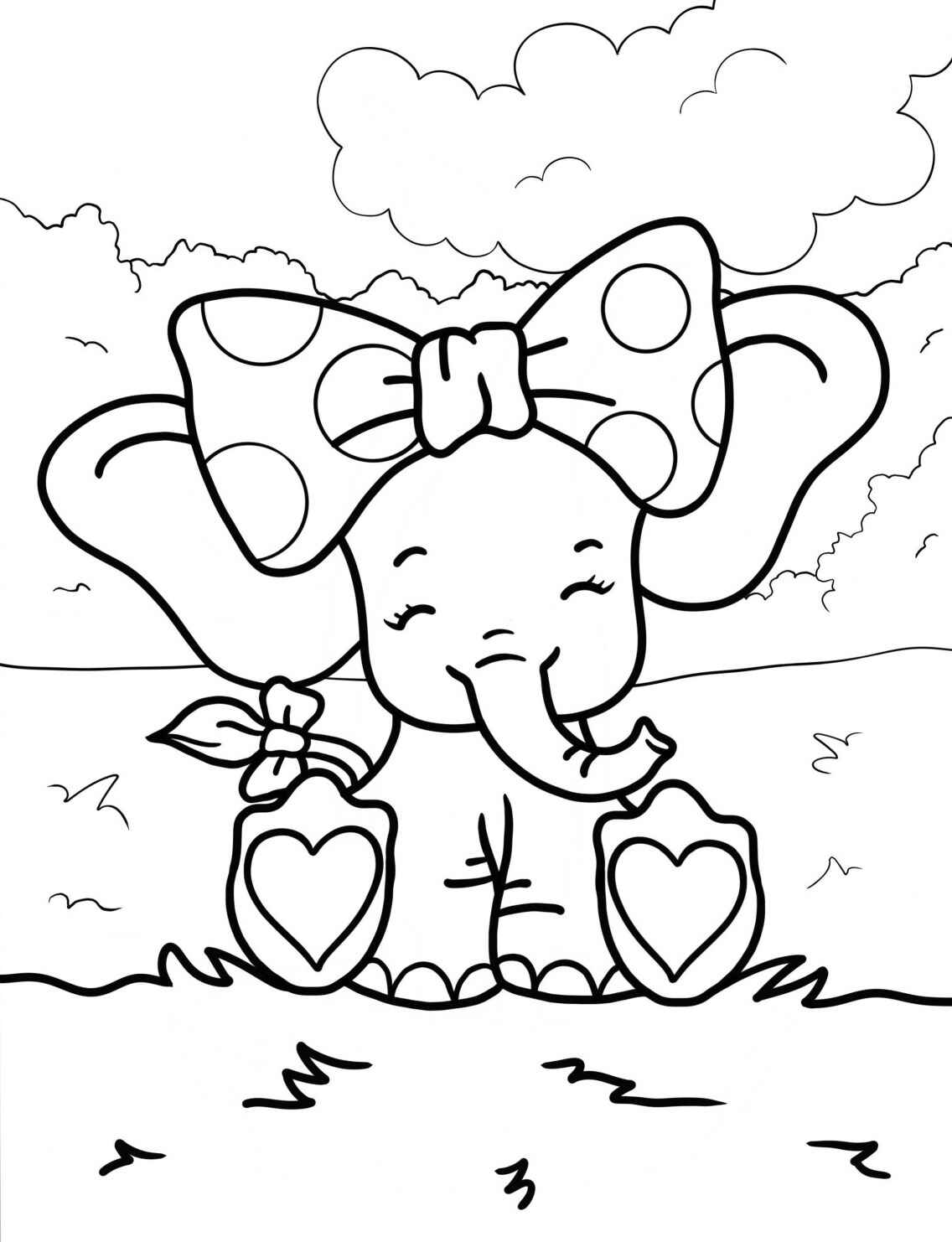 Desenho de Elefante fofo com laço para colorir