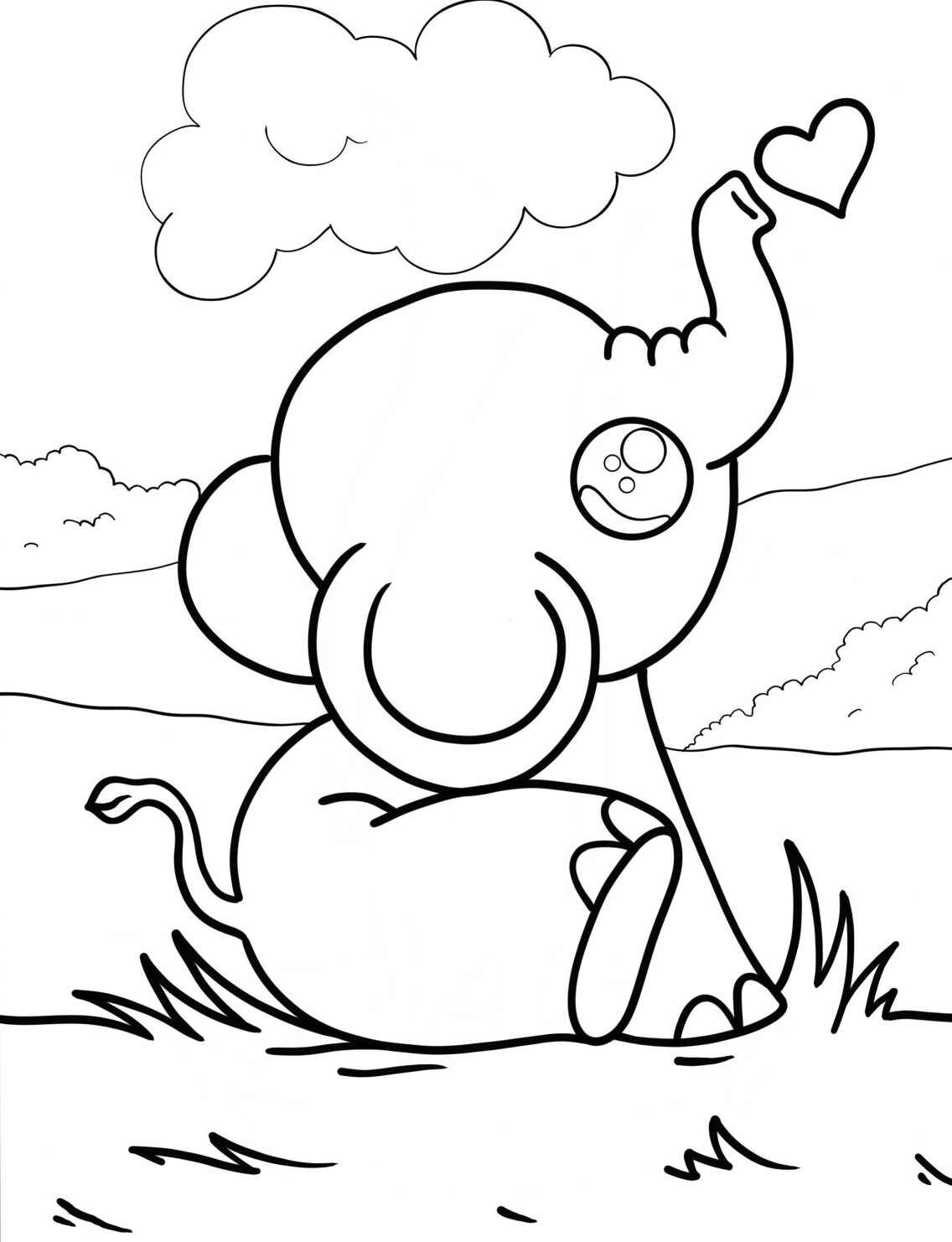 Desenho de Elefante sentado segurando coração para colorir