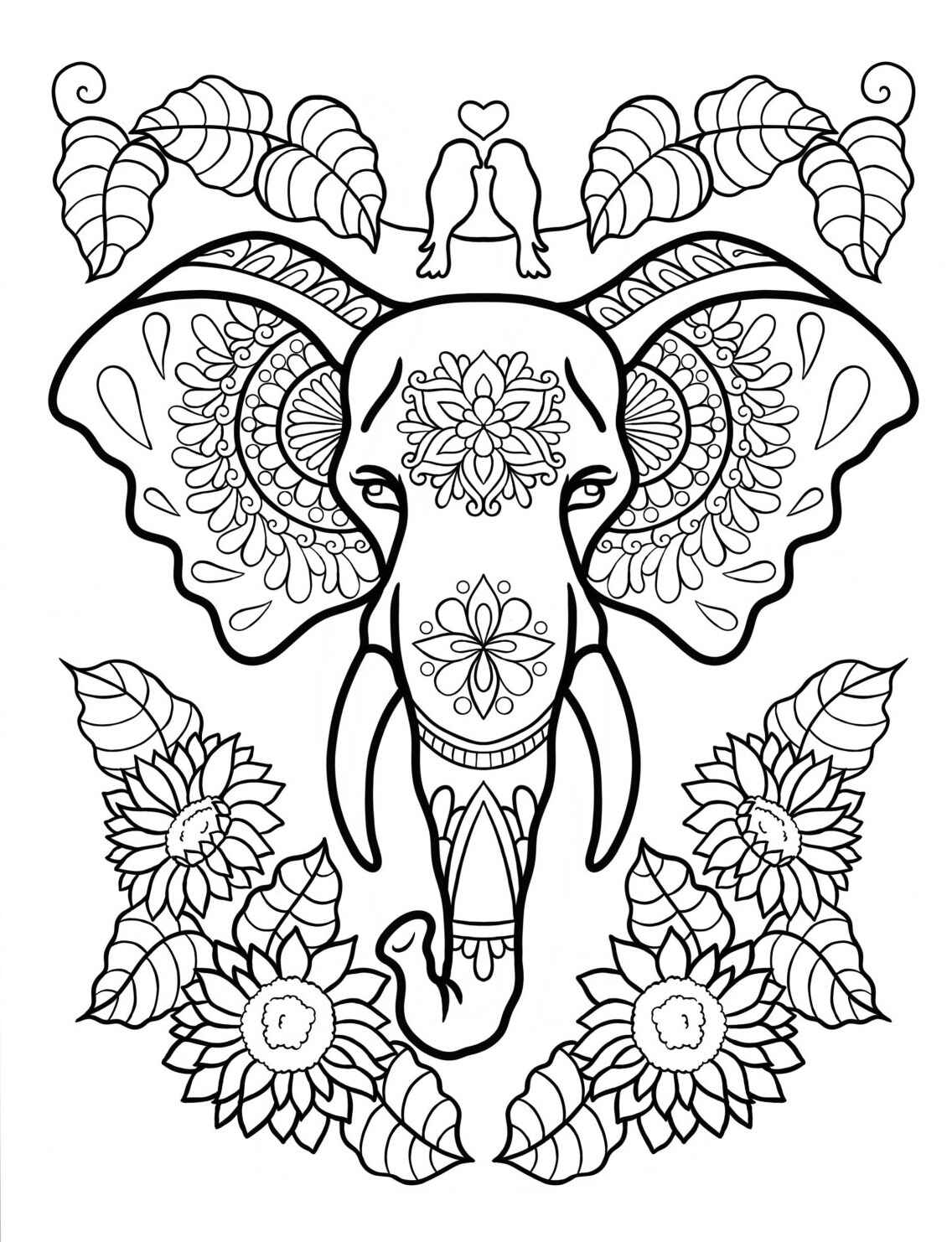 Desenho de Elefante decorado com flores para colorir