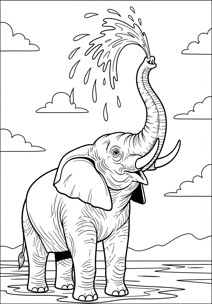 Desenho de Elefante espirrando água com a tromba para colorir