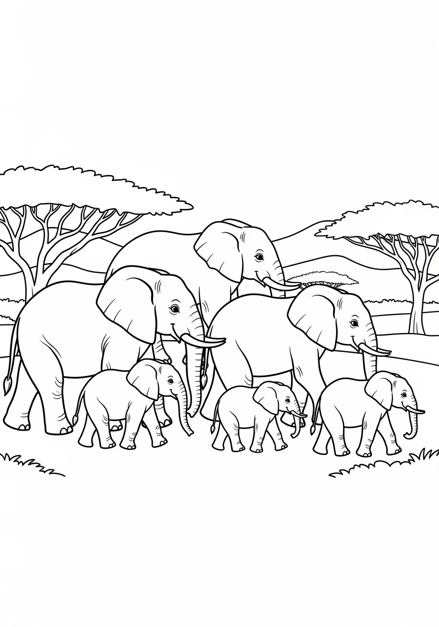 Desenho de elefante com filhotes na savana para colorir