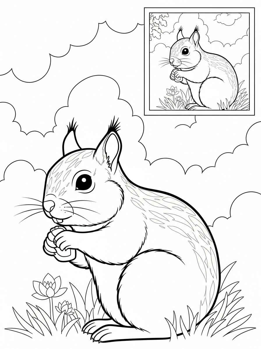 Desenho de Esquilo segurando uma nozes para colorir