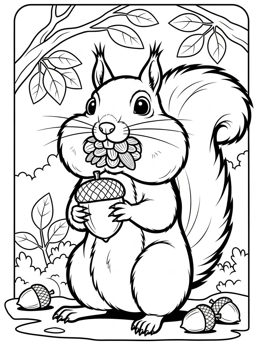 Desenho de Esquilo segurando bolotas para colorir