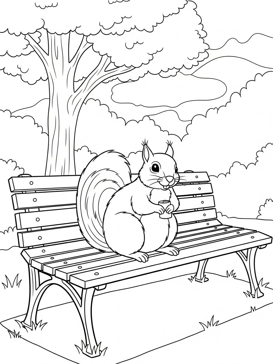 Desenho de Esquilo sentado em um banco para colorir