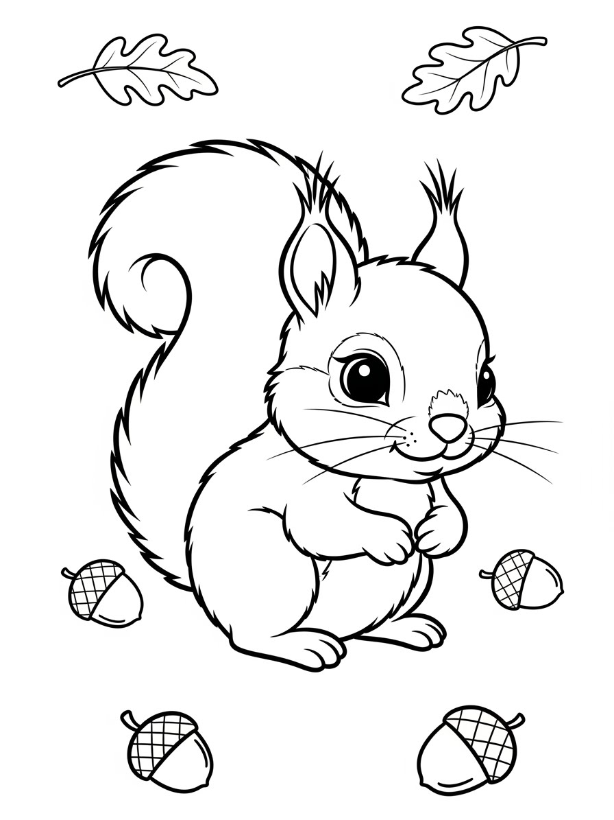 Desenho de Esquilo fofo com bolotas para colorir