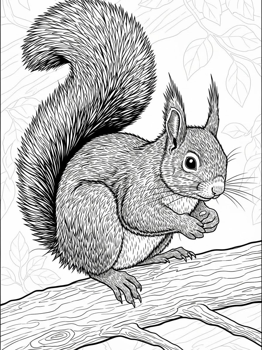 Desenho de Esquilo sentado em galho segurando noz para colorir