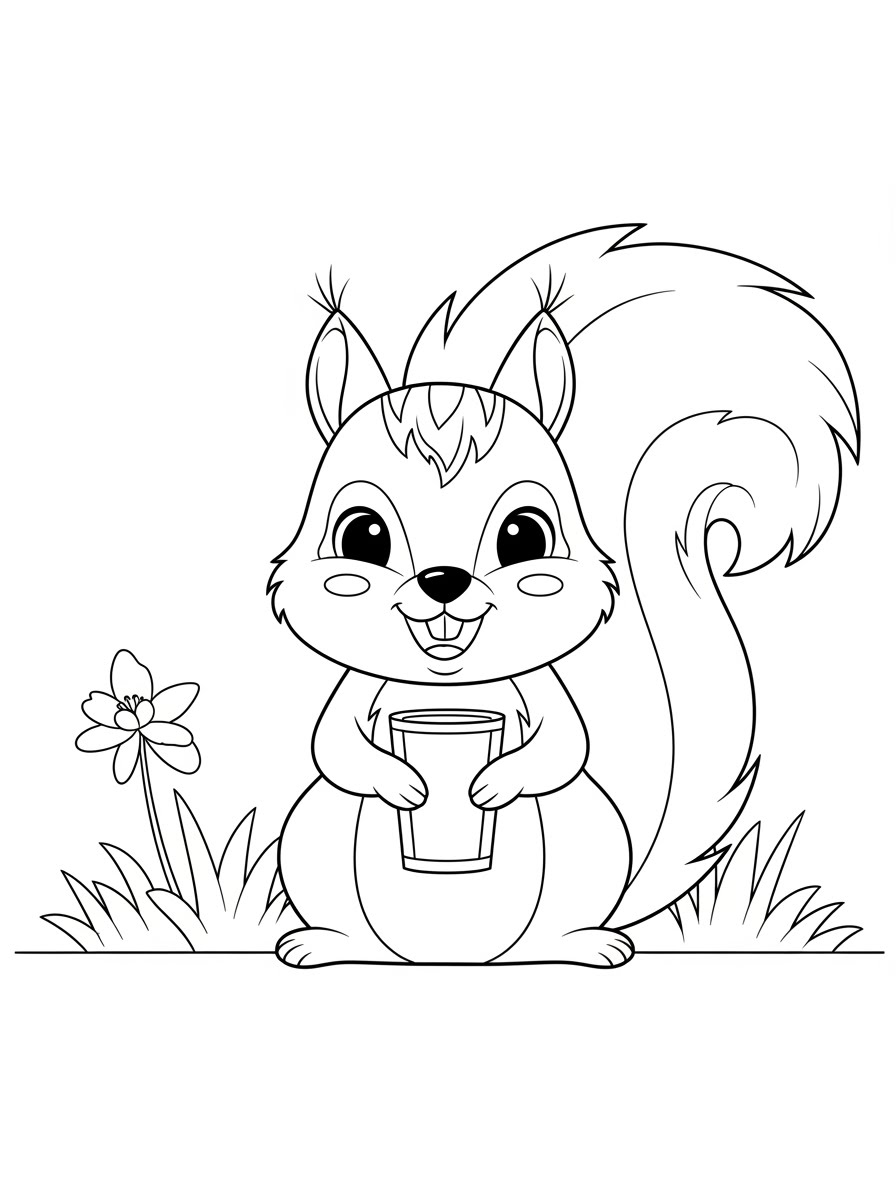 Desenho de Esquilo segurando um copo para colorir