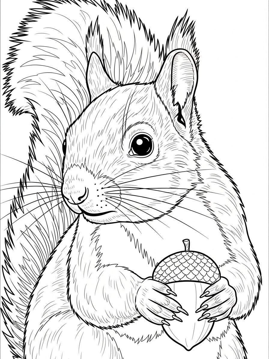 Desenho de Esquilo segurando uma bolota para colorir