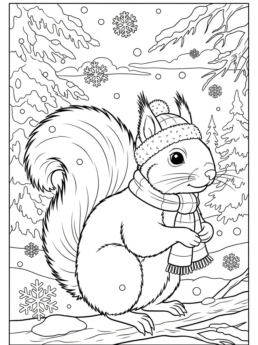 Desenho de Esquilo usando cachecol e touca para colorir