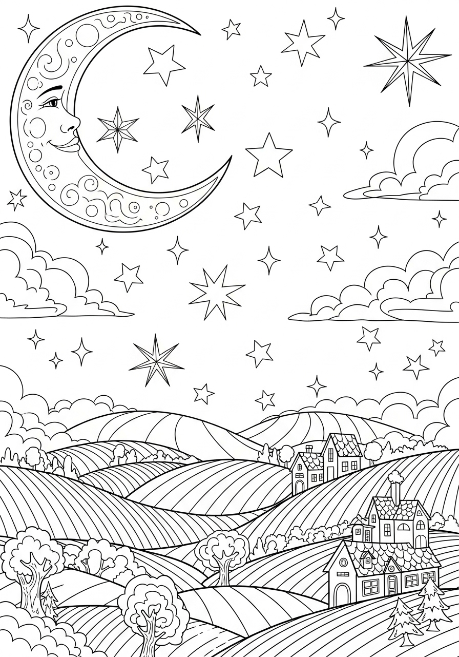 Desenho de paisagem noturna com estrelas para colorir