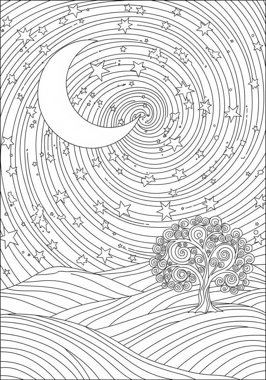 Desenho de céu estrelado com lua e árvore para colorir