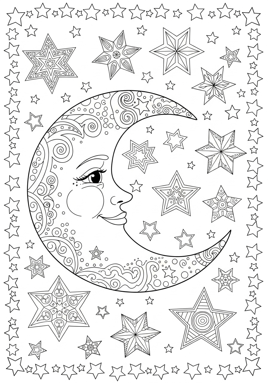 Desenho de estrelas e lua para colorir com detalhes especiais