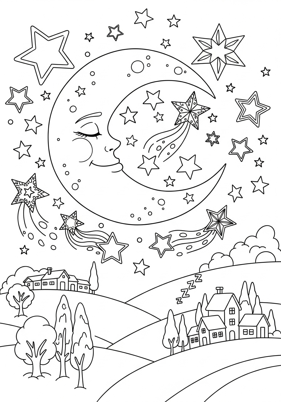 Desenho de estrelas e lua sorrindo para colorir