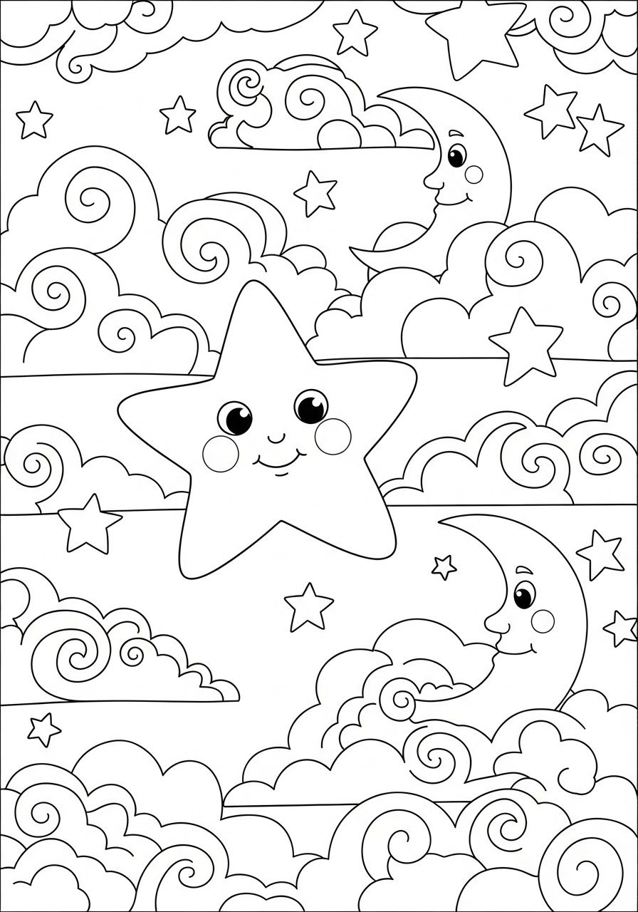 Desenho de estrela feliz entre nuvens e luas para colorir