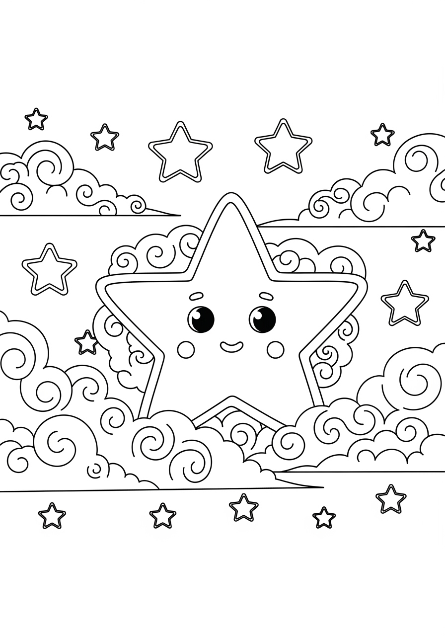 Desenho de Estrela sorridente entre nuvens para colorir