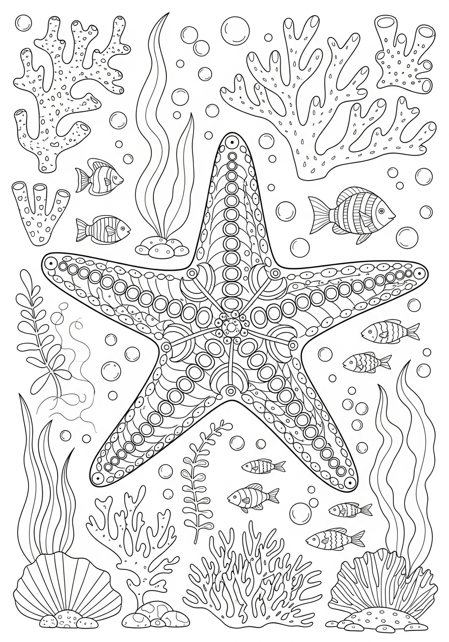 Desenho de Estrela do Mar com peixes e corais para colorir