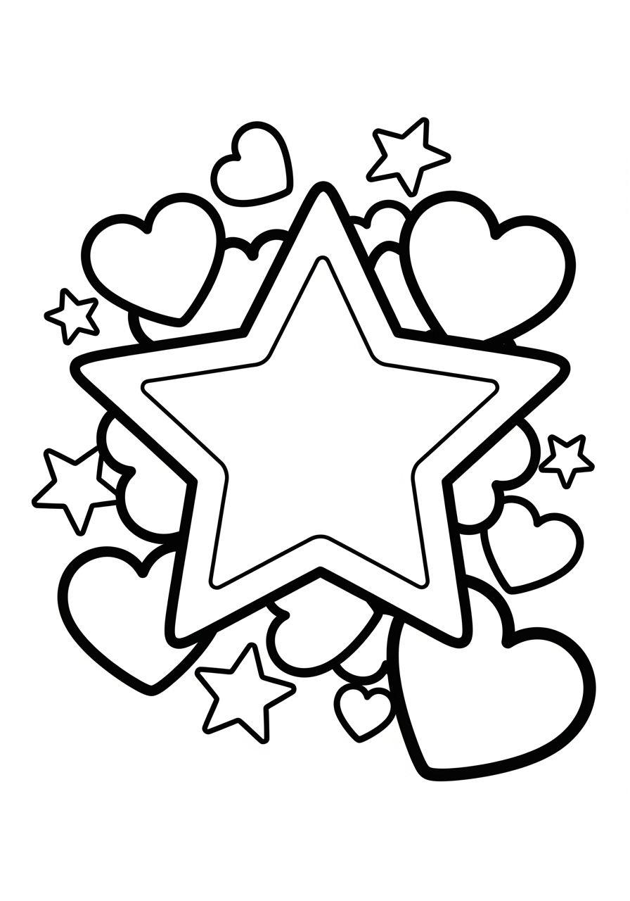 Desenho de Estrela com corações e estrelas para colorir