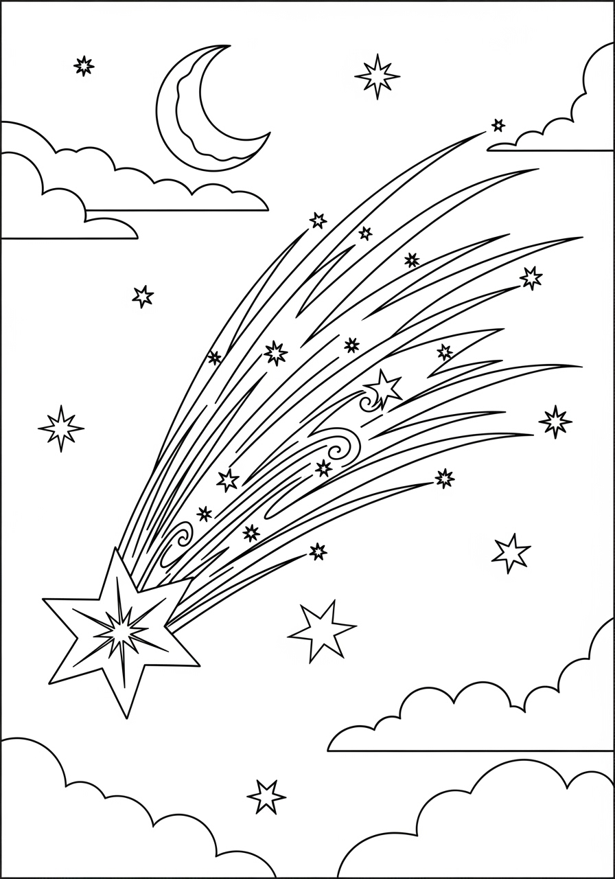 Desenho de Estrela cadente com nuvens e lua para colorir